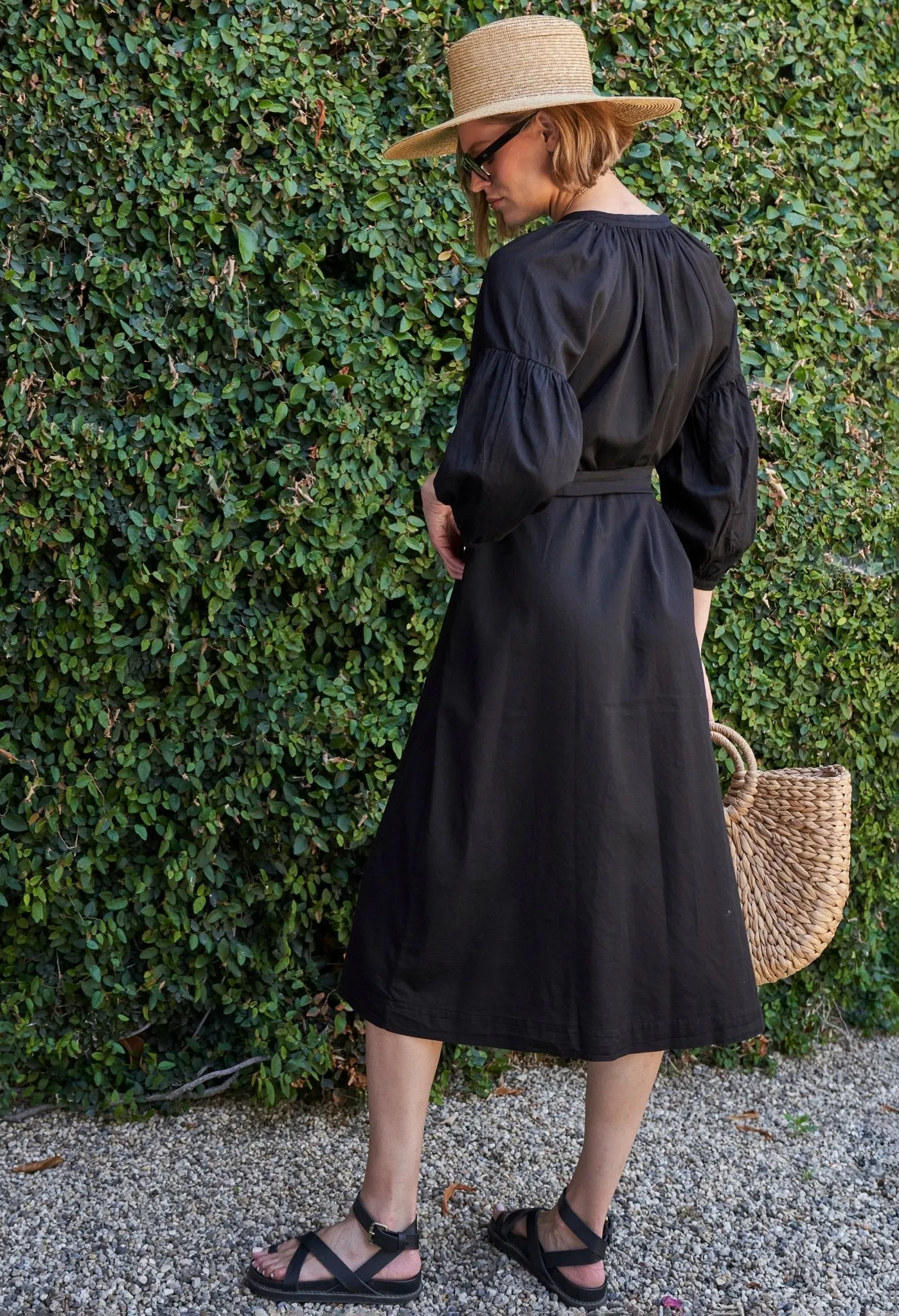 Aubrey Black Cotton Belted Peasant Dress with Pockets - Sale