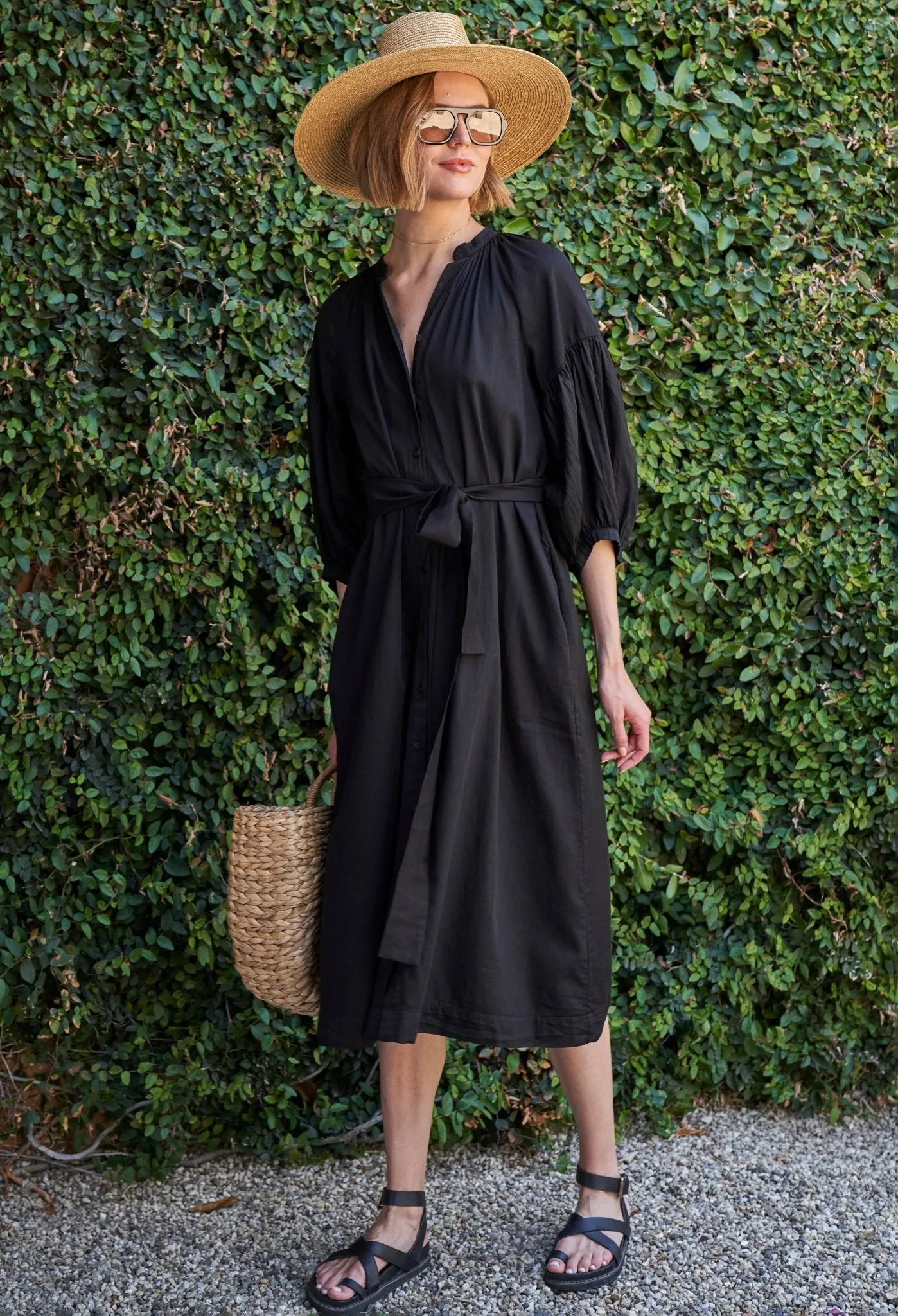 Aubrey Black Cotton Belted Peasant Dress with Pockets - Sale