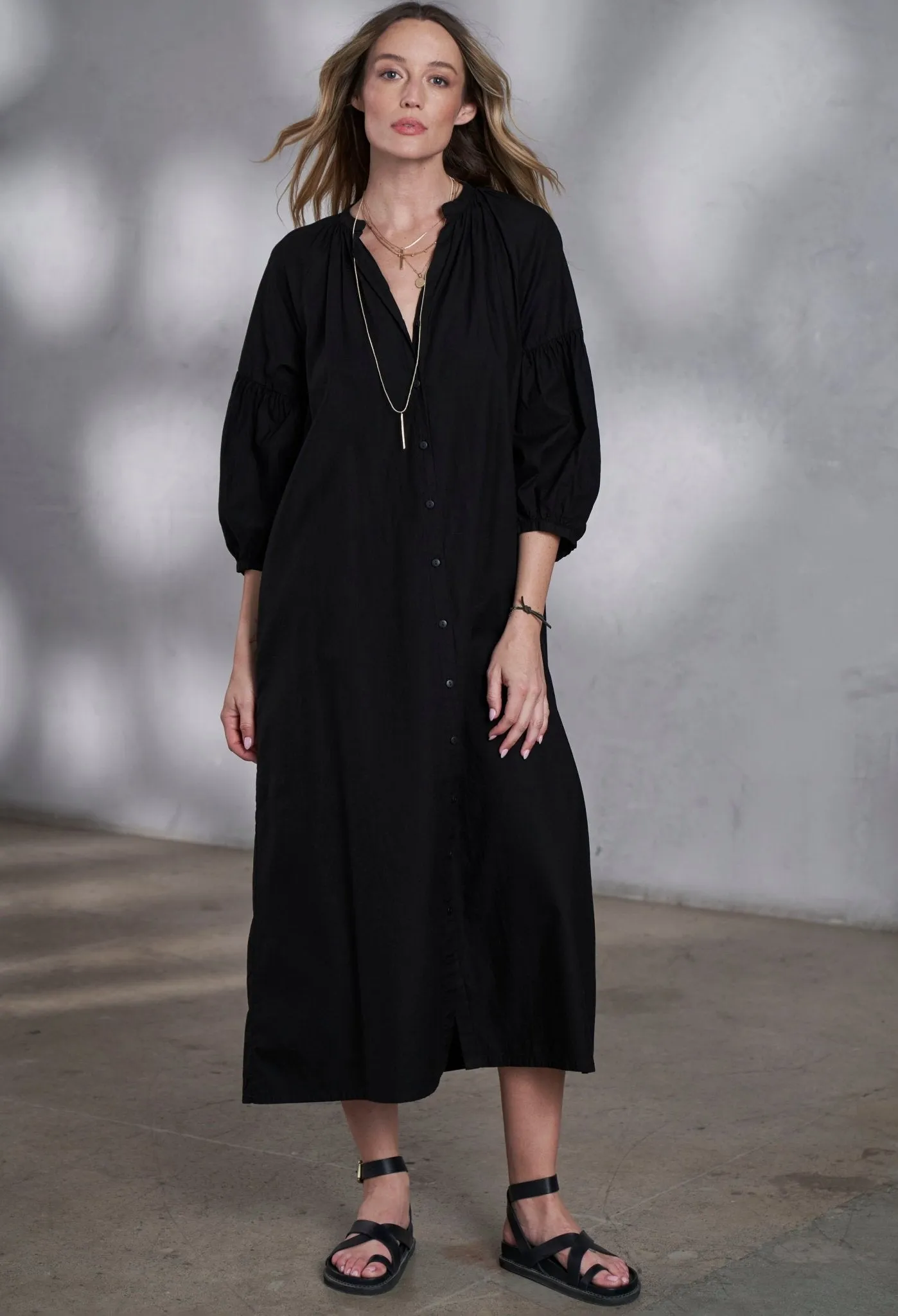Aubrey Black Cotton Belted Peasant Dress with Pockets - Sale