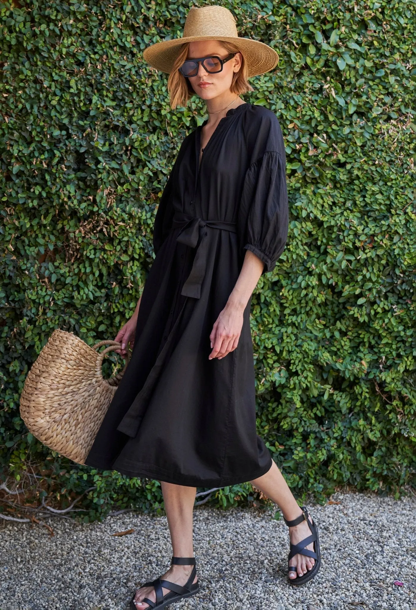 Aubrey Black Cotton Belted Peasant Dress with Pockets - Sale