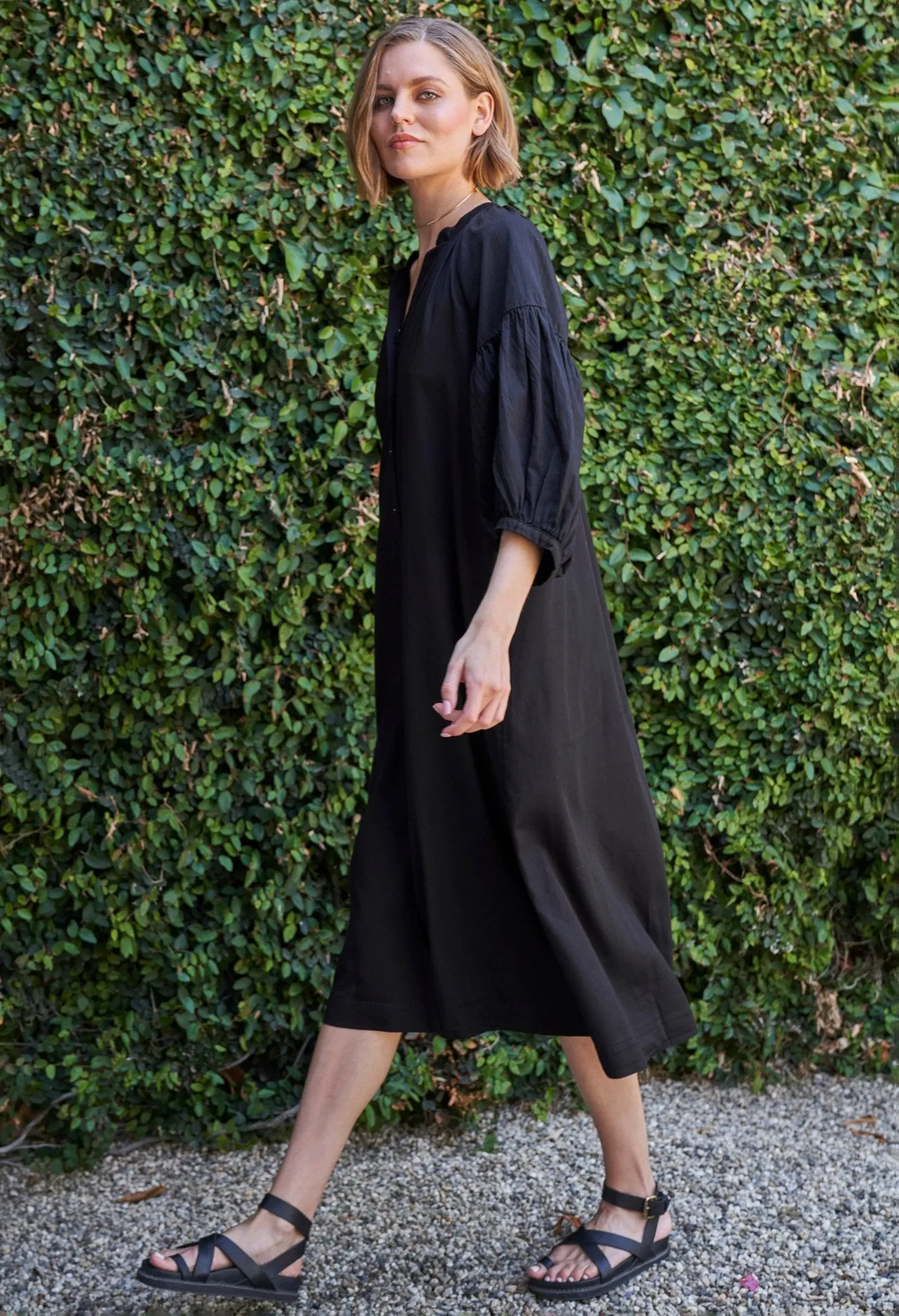 Aubrey Black Cotton Belted Peasant Dress with Pockets - Sale