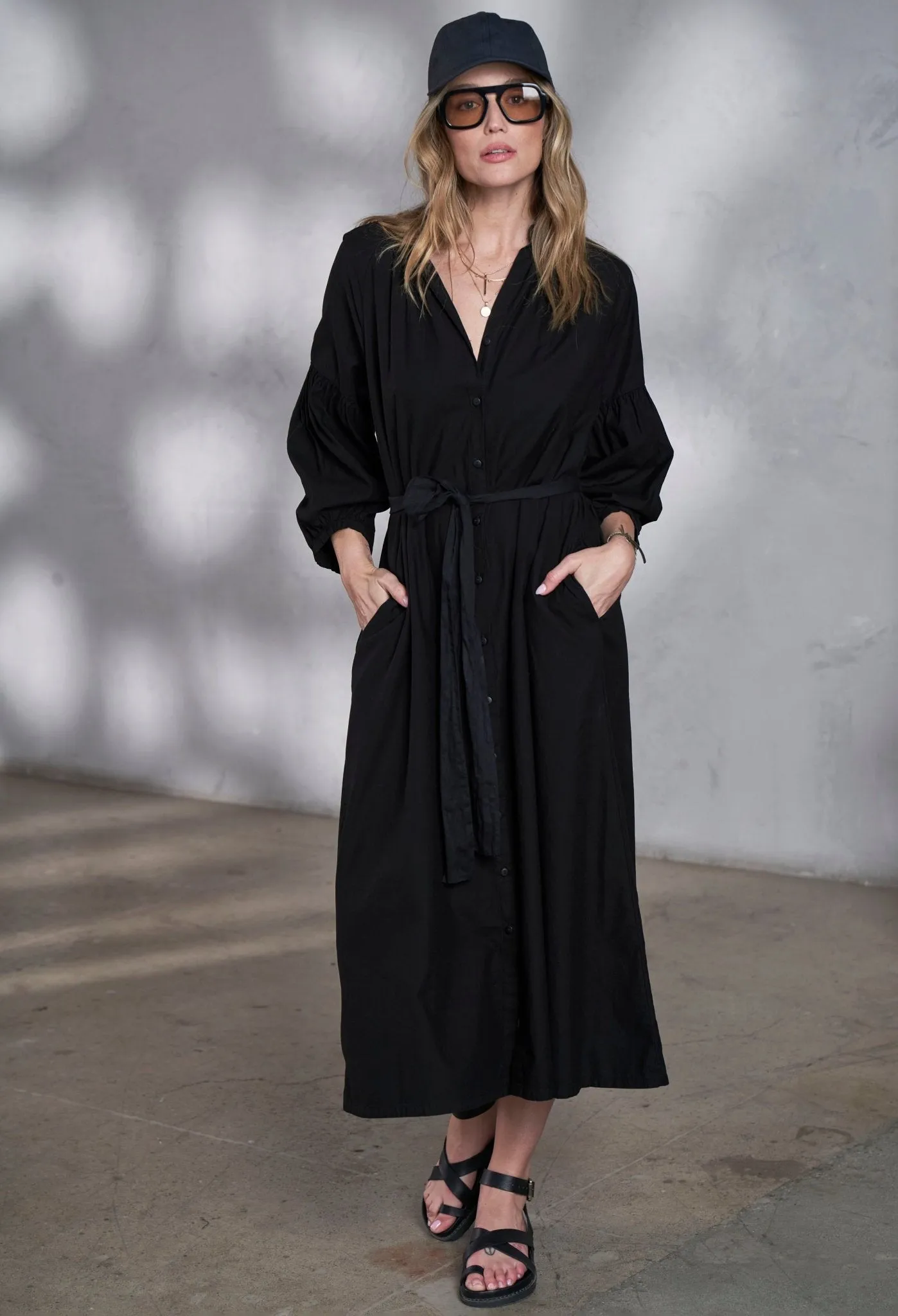 Aubrey Black Cotton Belted Peasant Dress with Pockets - Sale