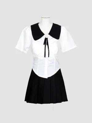Black and White Lapel Pockets Shirt Crop Top with Pearl Ribbon Accessory