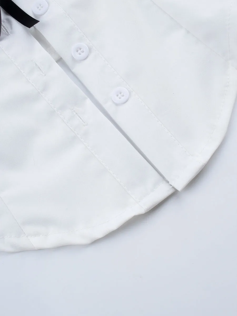 Black and White Lapel Pockets Shirt Crop Top with Pearl Ribbon Accessory