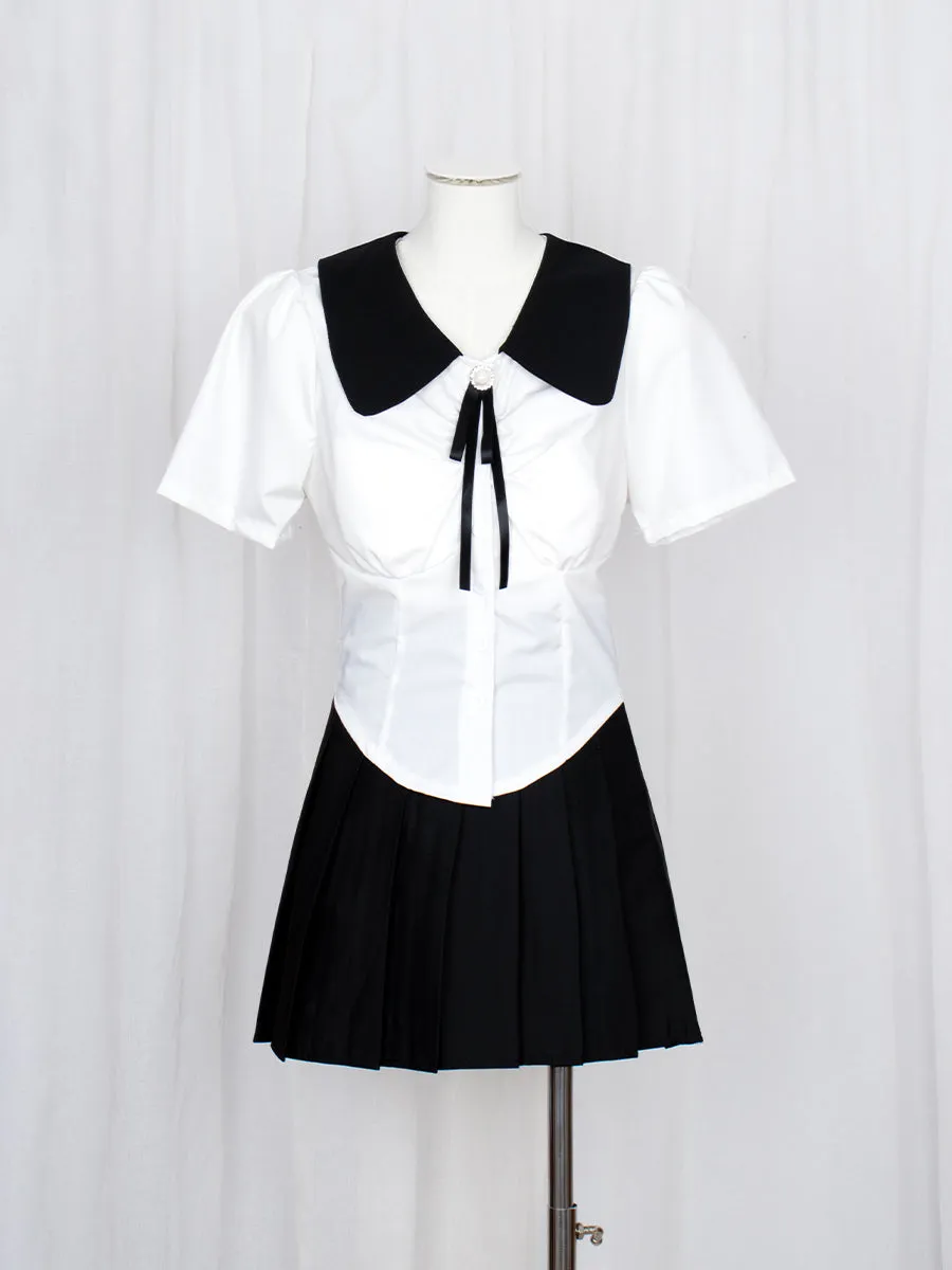 Black and White Lapel Pockets Shirt Crop Top with Pearl Ribbon Accessory
