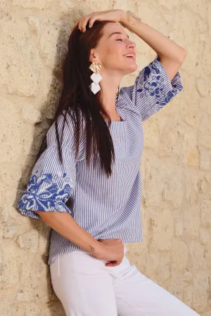 BLUE LOTUS STRIPE PEASANT TOP