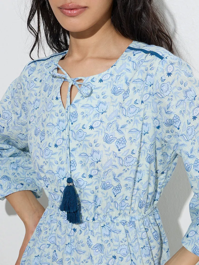 Bombay Paisley Light Blue Floral A-Line Cotton Dress