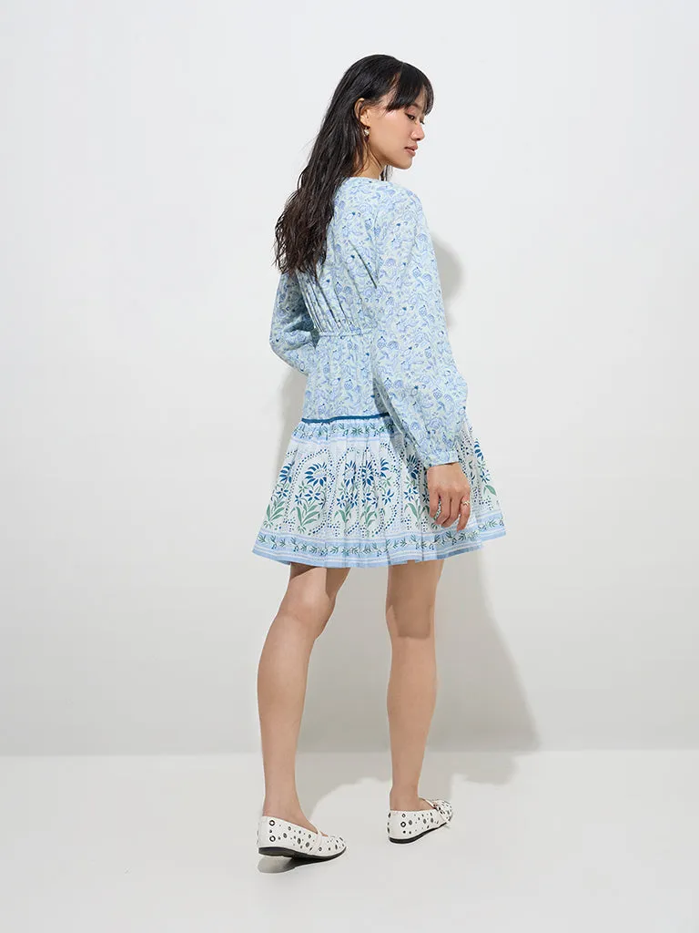 Bombay Paisley Light Blue Floral A-Line Cotton Dress