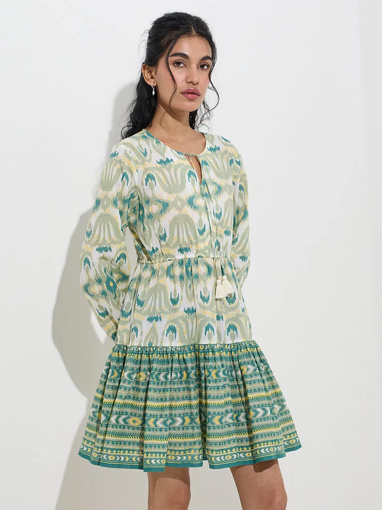 Bombay Paisley Sage Ikat Design Cotton A-Line Dress
