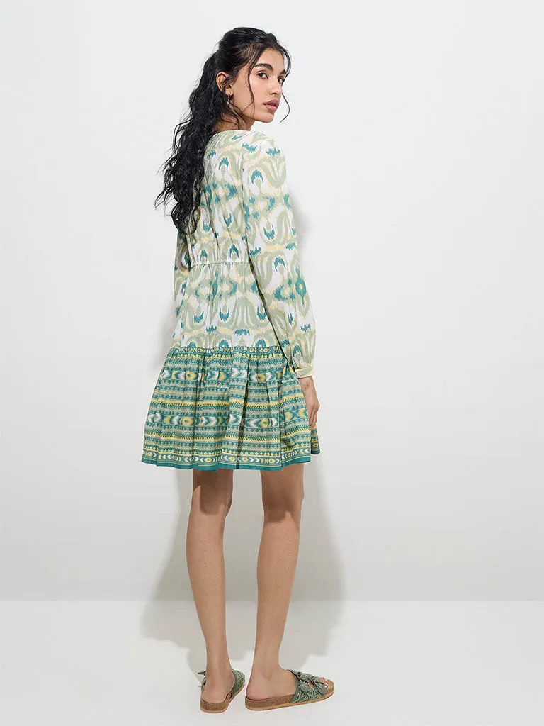 Bombay Paisley Sage Ikat Design Cotton A-Line Dress