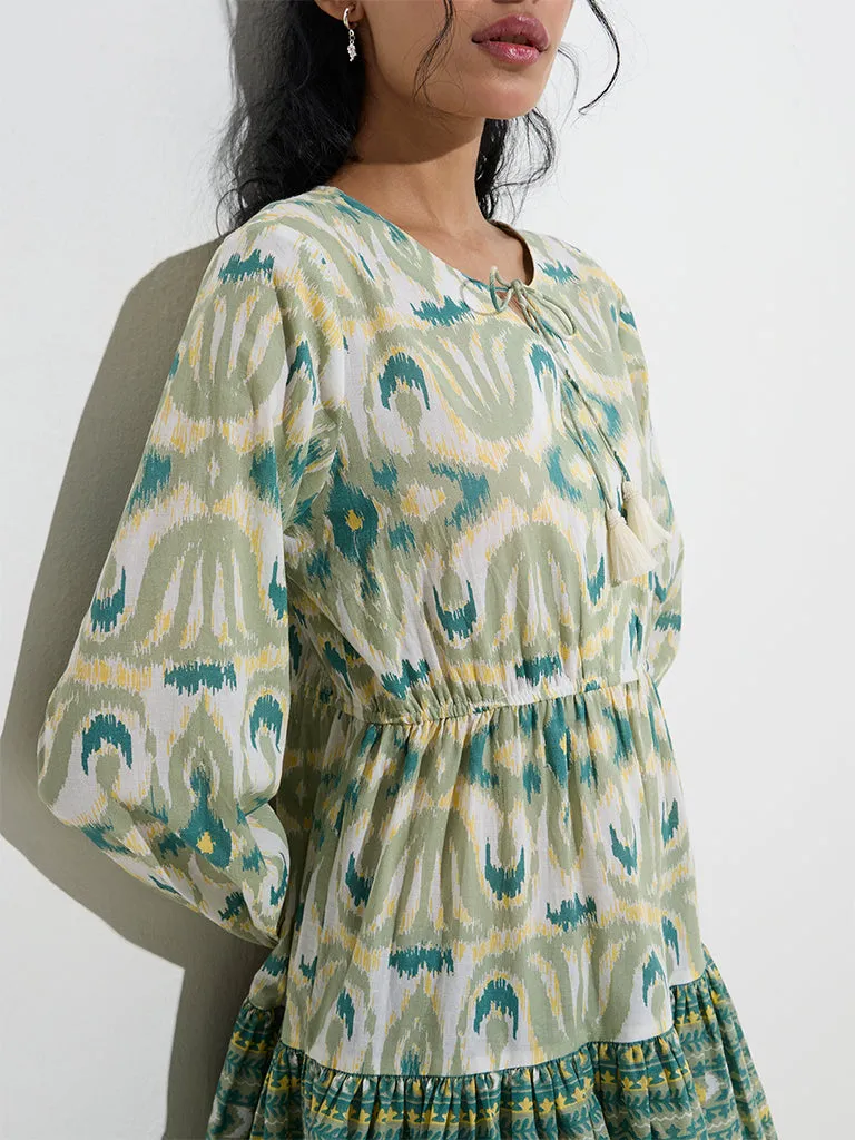 Bombay Paisley Sage Ikat Design Cotton A-Line Dress