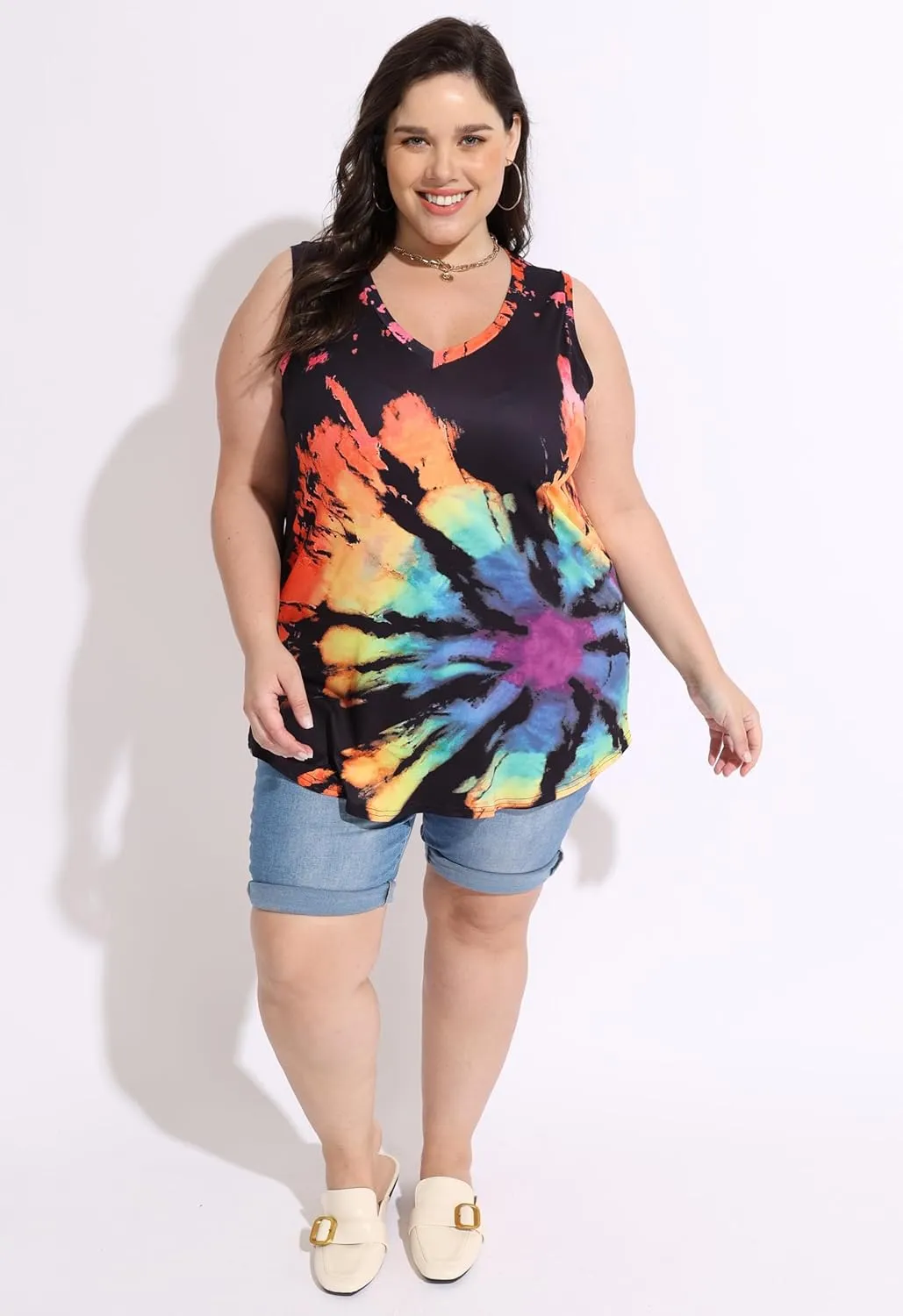 CARCOS Plus Size Tank Tops for Women V Neck Sleeveless T Shirts Solid/Tie Dye/Floral Camisole Casual Tanks for Summer XL-5XL