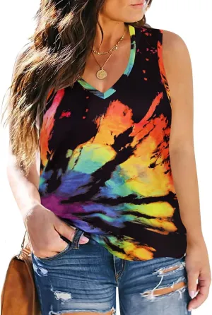 CARCOS Plus Size Tank Tops for Women V Neck Sleeveless T Shirts Solid/Tie Dye/Floral Camisole Casual Tanks for Summer XL-5XL