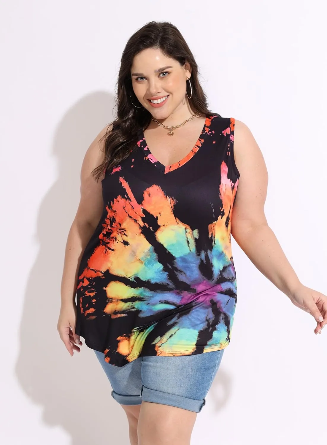 CARCOS Plus Size Tank Tops for Women V Neck Sleeveless T Shirts Solid/Tie Dye/Floral Camisole Casual Tanks for Summer XL-5XL