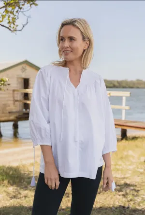 Cotton Sateen Peasant Top - White