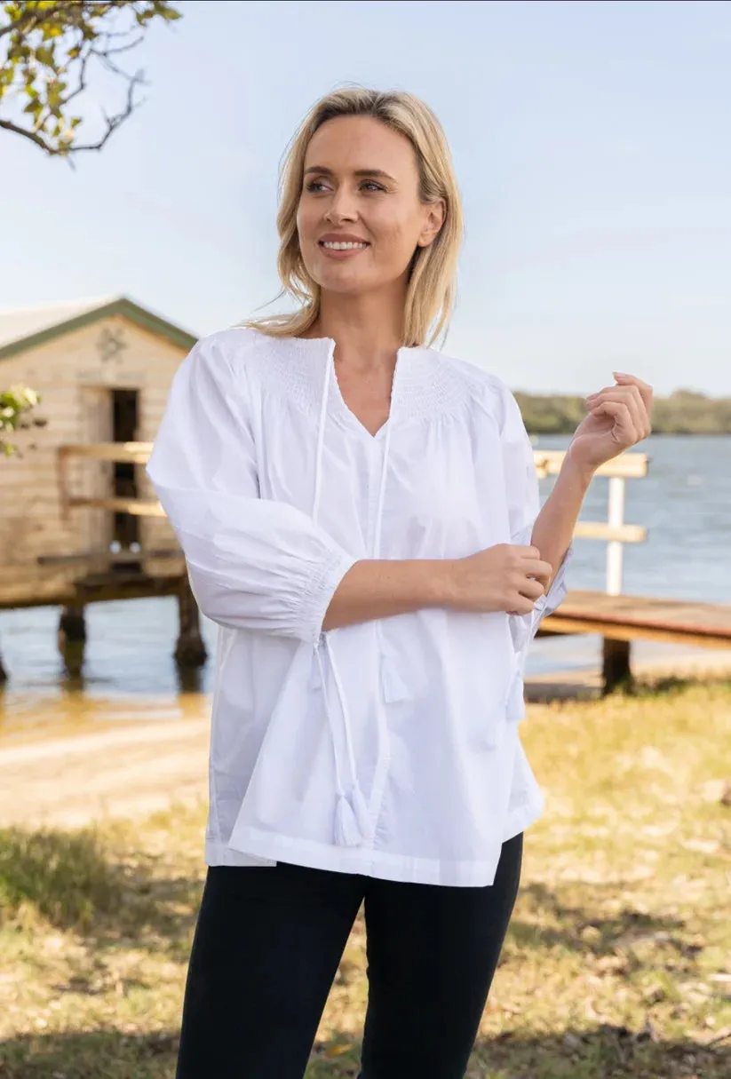 Cotton Sateen Peasant Top - White
