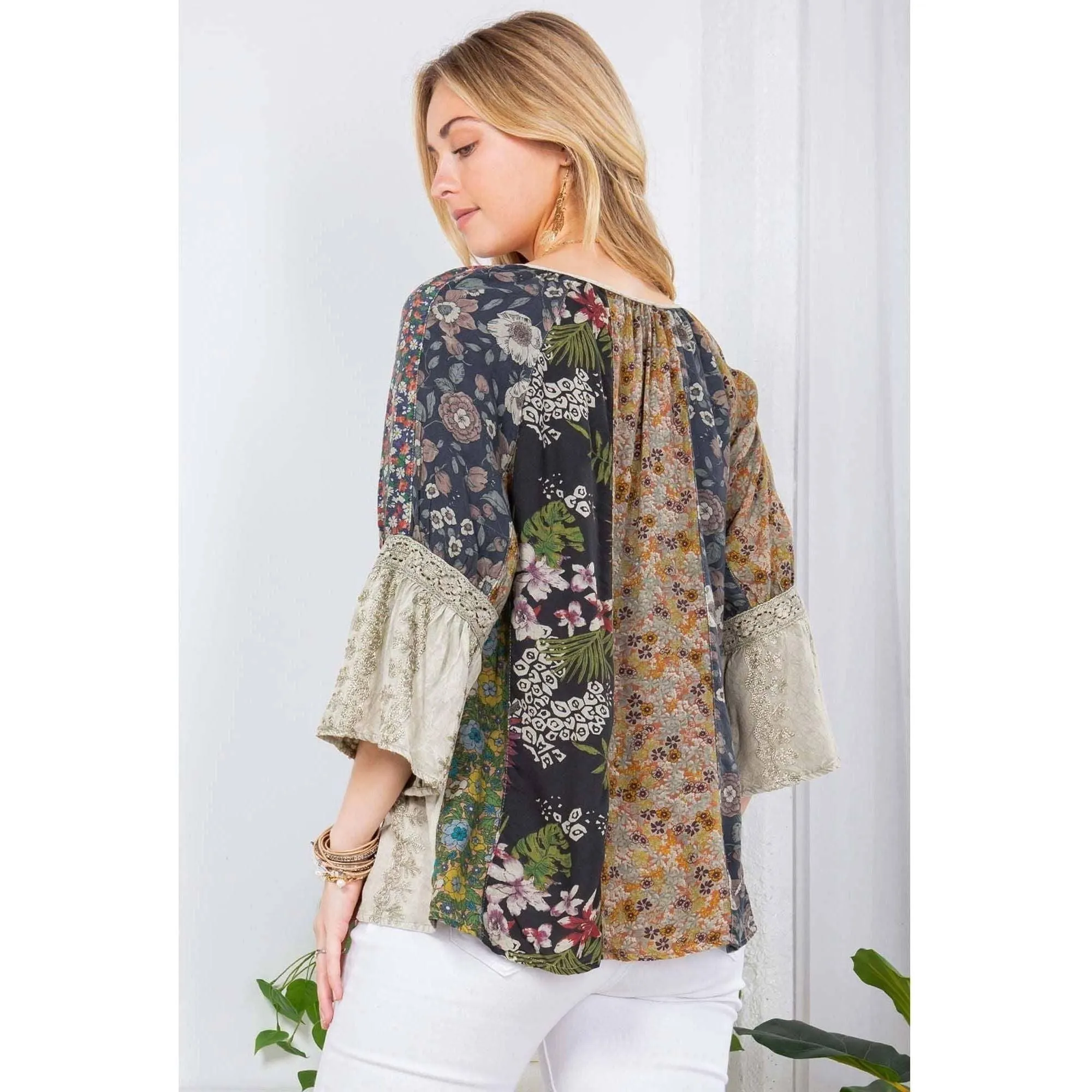 Enchanting Whimsy Overdyed Rayon Peasant Top With Embroidery: Latte