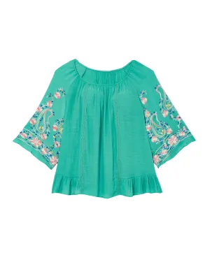 Faye Anne Flare Sleeve Peasant Blouse | Turquoise / White