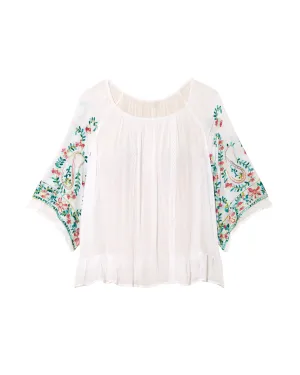 Faye Anne Flare Sleeve Peasant Blouse | White / Light Blue