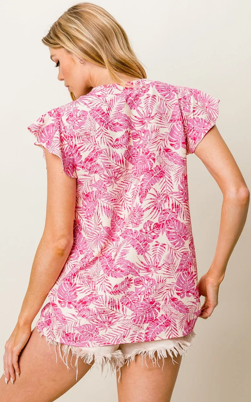 Fuchsia Leaves V-Neck Top