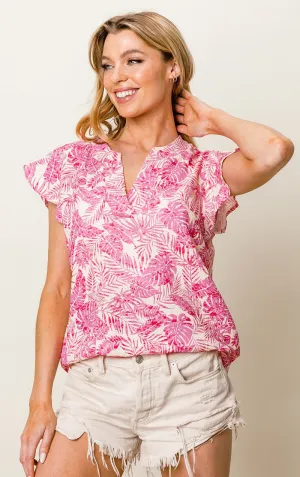 Fuchsia Leaves V-Neck Top