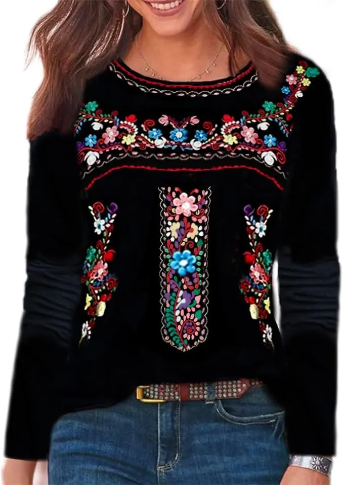Melliflo Long Sleeve Mexican Shirts for Women Floral Embroidered Peasant Blouse Ethnic Style Boho T-Shirts