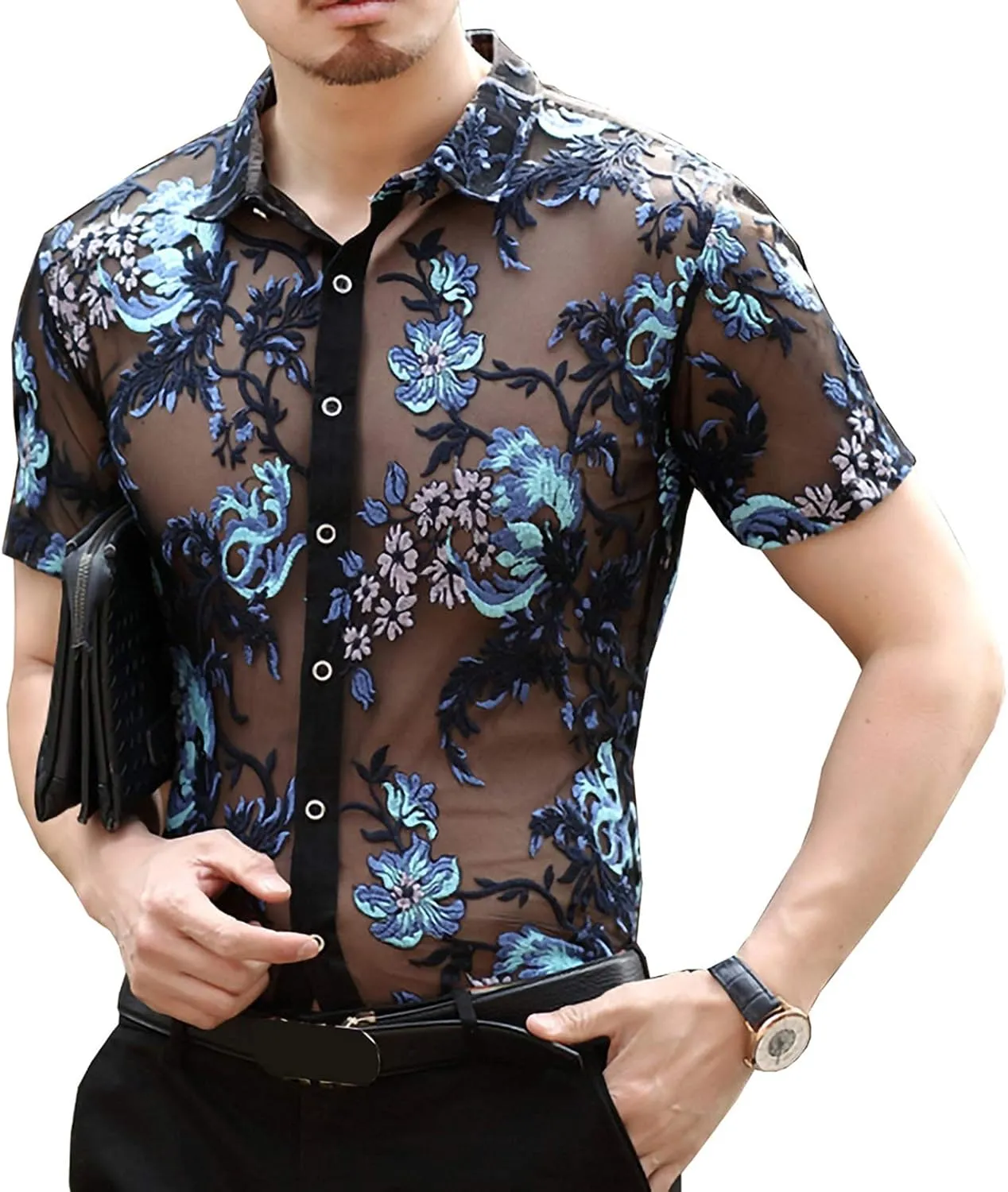 Mens Pattern Short Sleeve Shirts Button Down Slim Fit