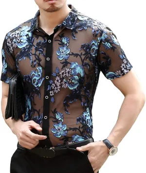 Mens Pattern Short Sleeve Shirts Button Down Slim Fit