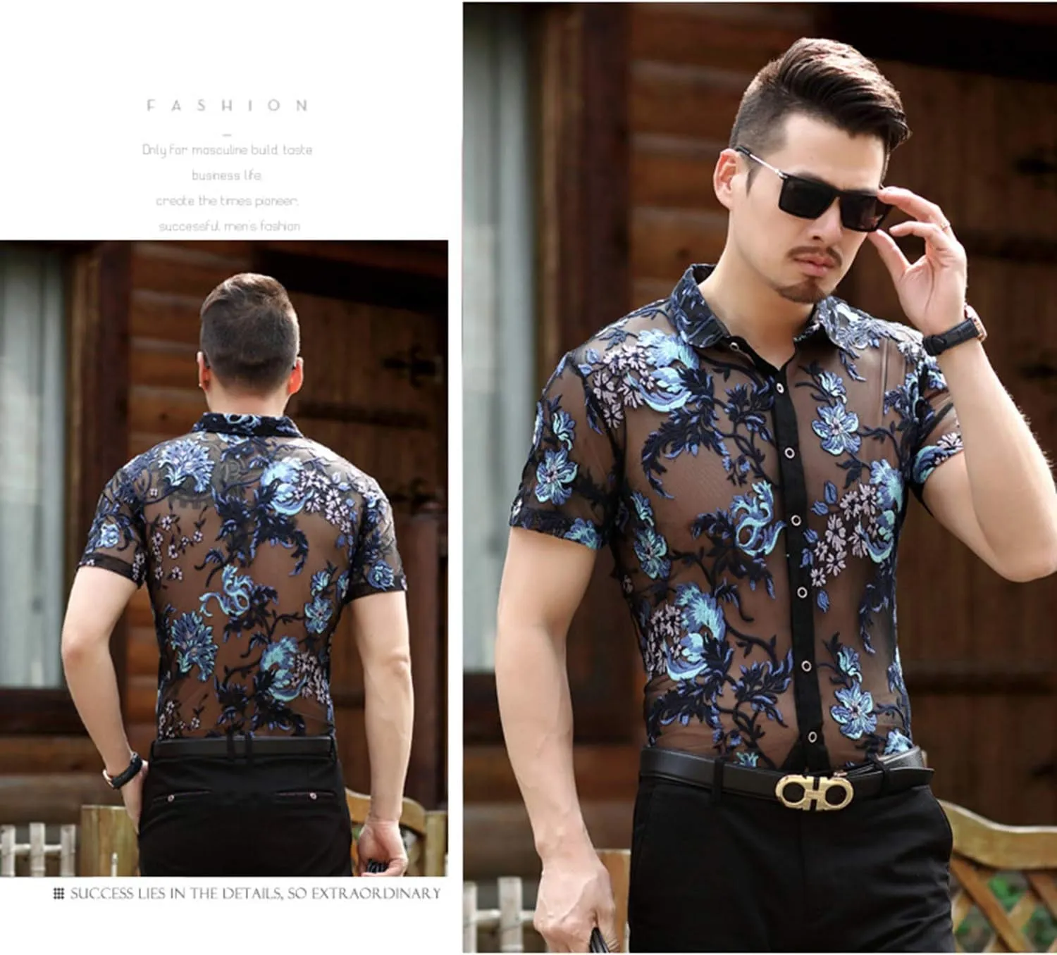 Mens Pattern Short Sleeve Shirts Button Down Slim Fit