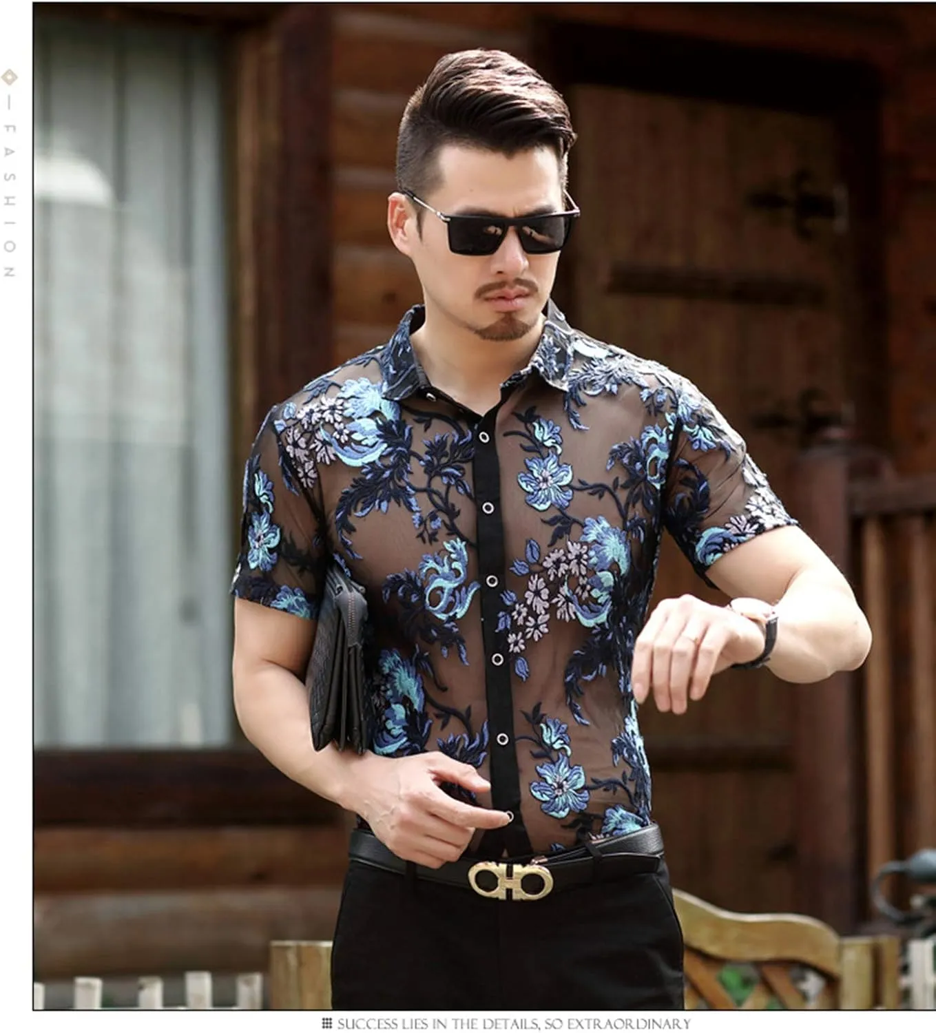 Mens Pattern Short Sleeve Shirts Button Down Slim Fit