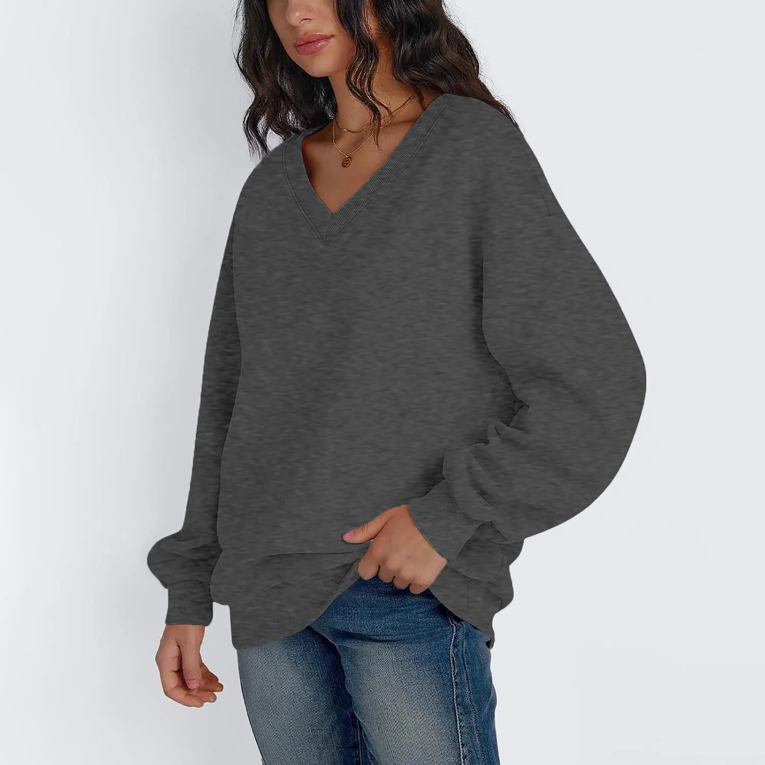 Oversized V Neck Sweatshirt Women Casual Fleece Pullover Sweaters Preppy Cute Teen Long Sleeve Sweat Shirts Y2k Tops