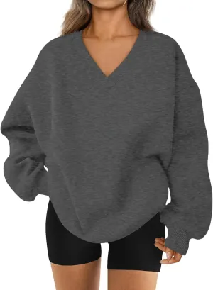 Oversized V Neck Sweatshirt Women Casual Fleece Pullover Sweaters Preppy Cute Teen Long Sleeve Sweat Shirts Y2k Tops