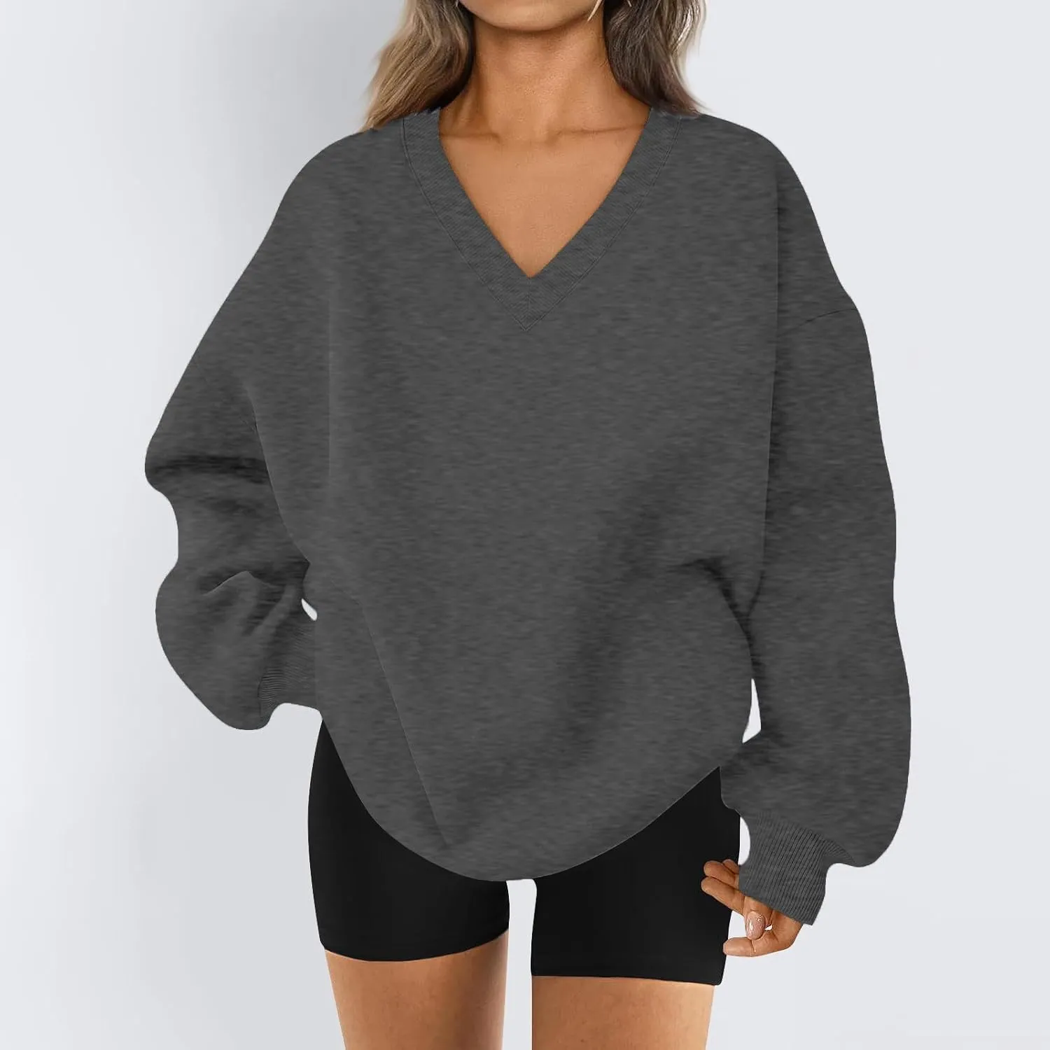 Oversized V Neck Sweatshirt Women Casual Fleece Pullover Sweaters Preppy Cute Teen Long Sleeve Sweat Shirts Y2k Tops