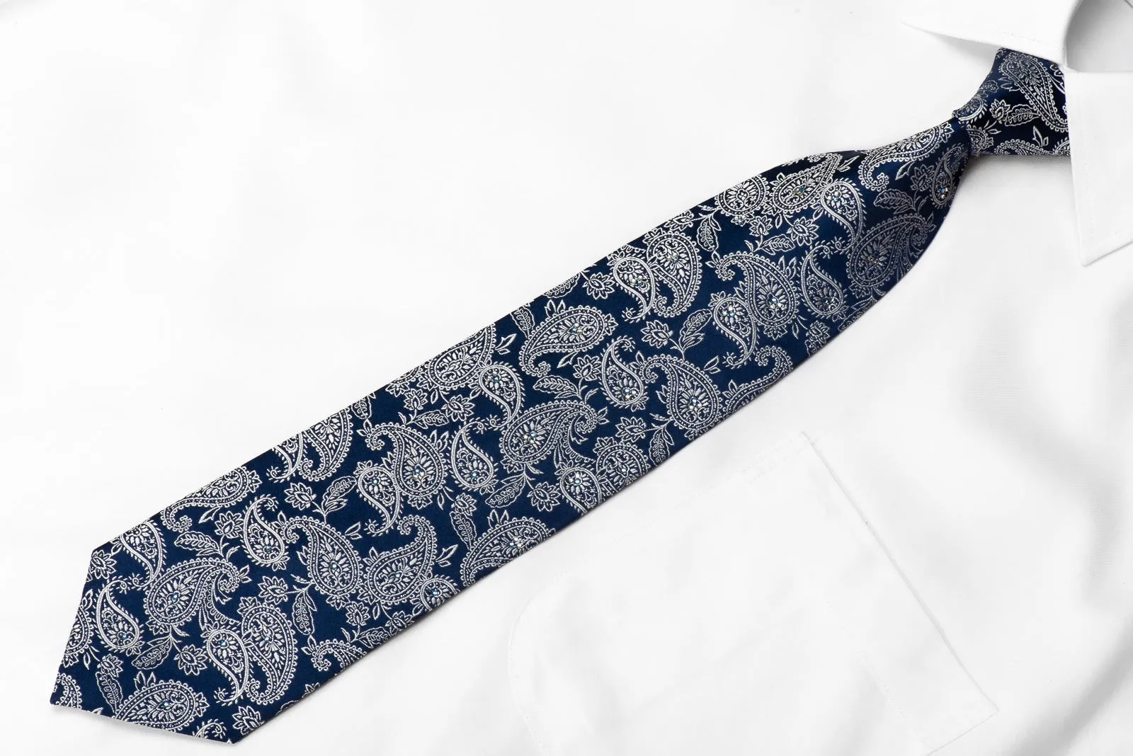 Renoma Men's Crystal Silk Necktie Silver Paisley On Blue With Silver Sparkles