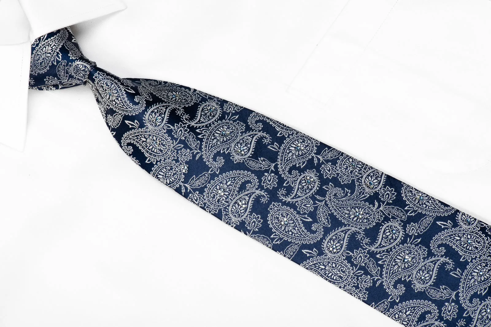 Renoma Men's Crystal Silk Necktie Silver Paisley On Blue With Silver Sparkles