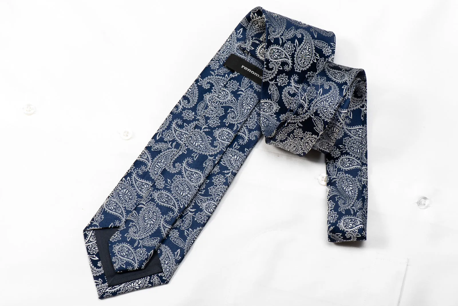 Renoma Men's Crystal Silk Necktie Silver Paisley On Blue With Silver Sparkles