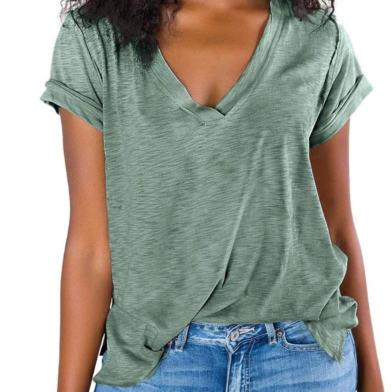 V Neck Side Slit Casual Loose Short Sleeve Fashion Summer T-Shirts Tops