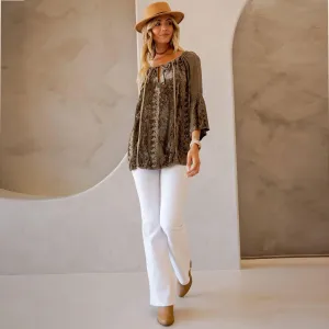 Velvet & Georgette Patchwork Peasant Top: Olive