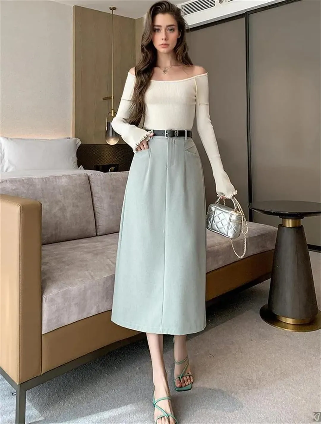 Women Pencil Skirt with Belt Fall Elegant Work OL Office Midi Skirts