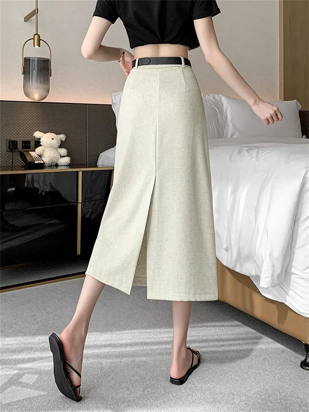Women Pencil Skirt with Belt Fall Elegant Work OL Office Midi Skirts
