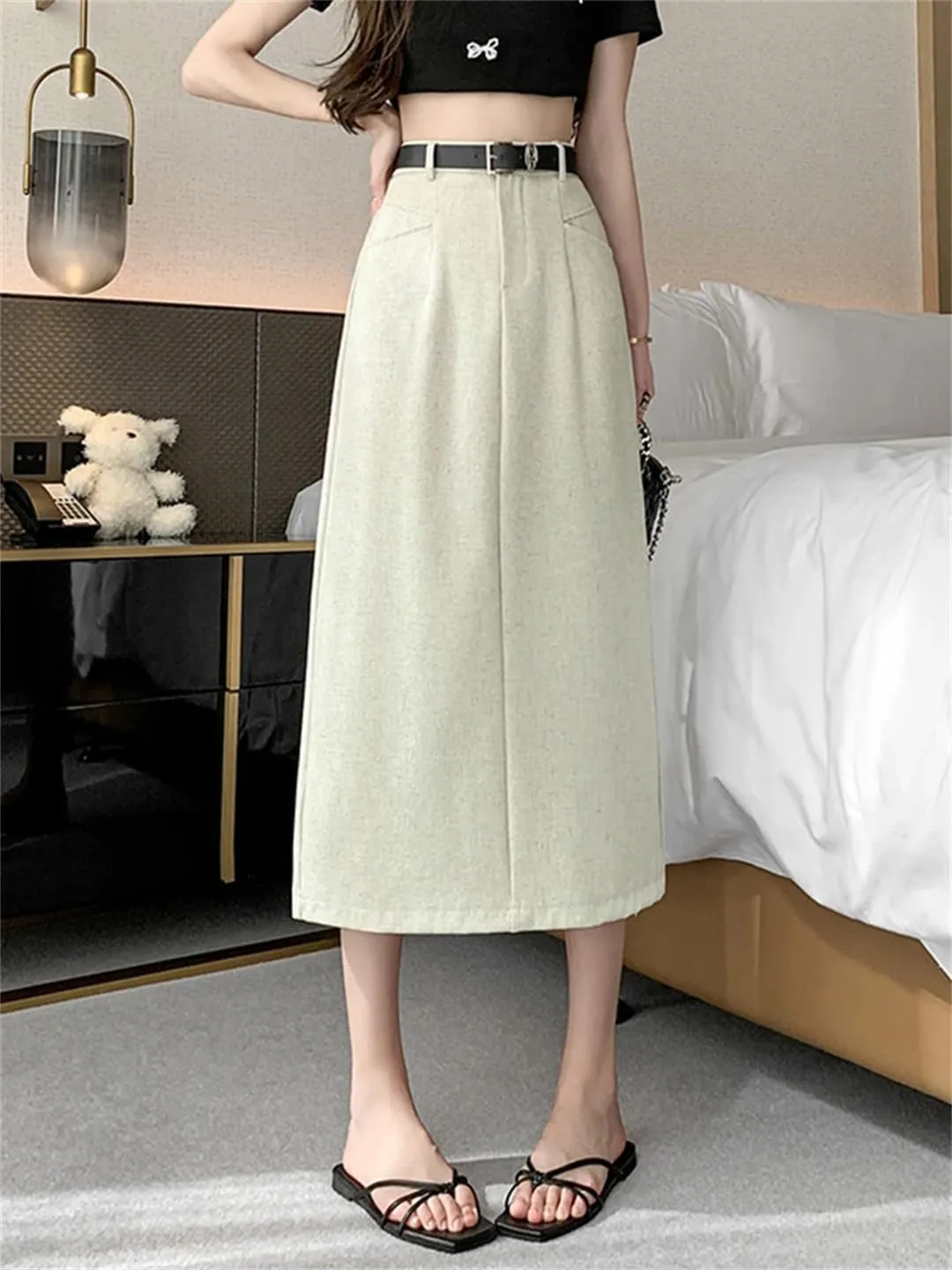 Women Pencil Skirt with Belt Fall Elegant Work OL Office Midi Skirts