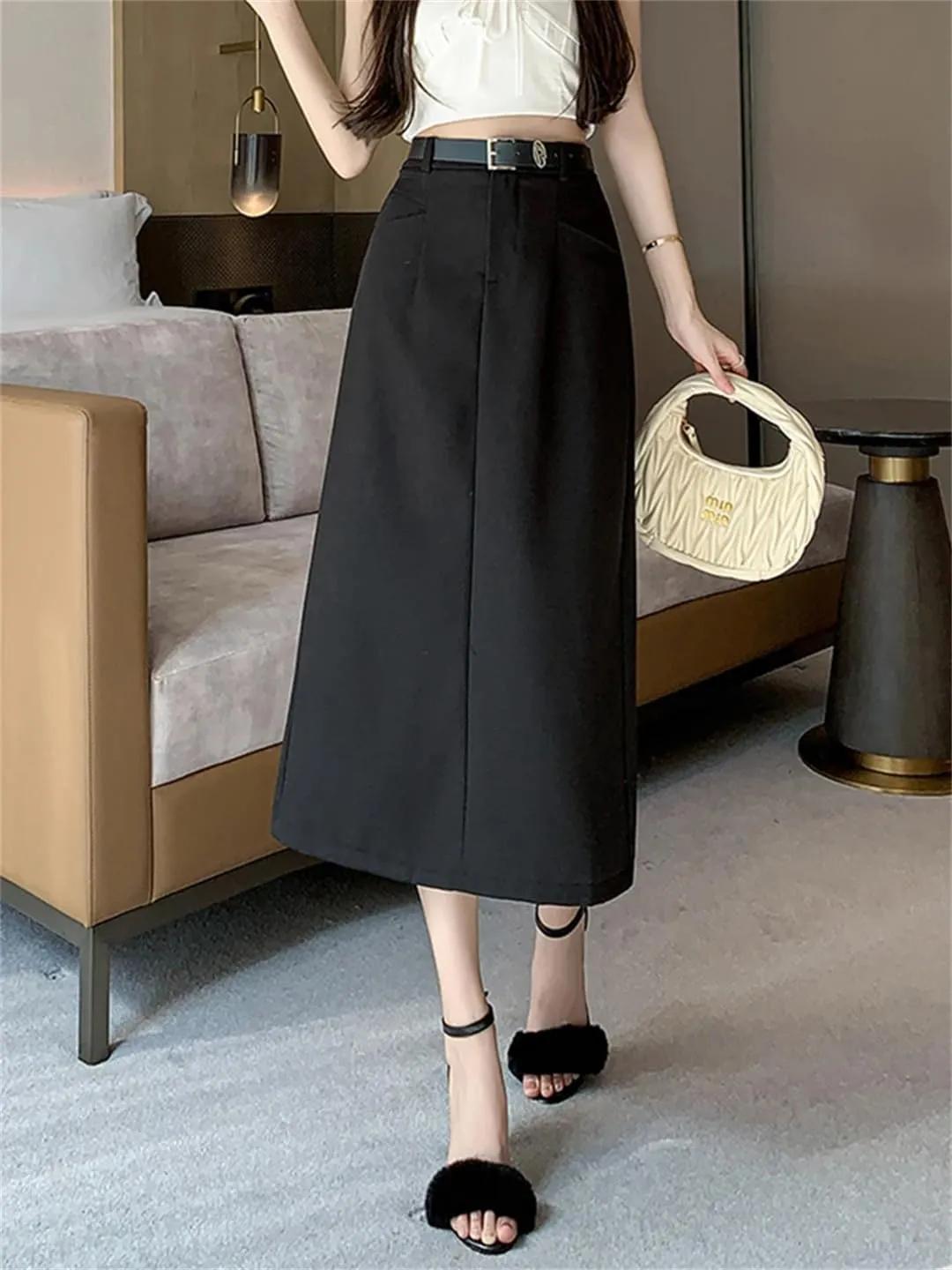 Women Pencil Skirt with Belt Fall Elegant Work OL Office Midi Skirts