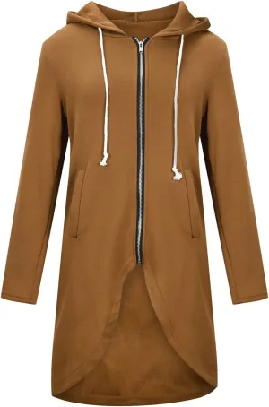 Womens Long Hoodies Long Sleeve Zip Up Solid Plain Hooded Pullover Drawstring Loose Fit Casual Fashion Fall Tops with Pocket