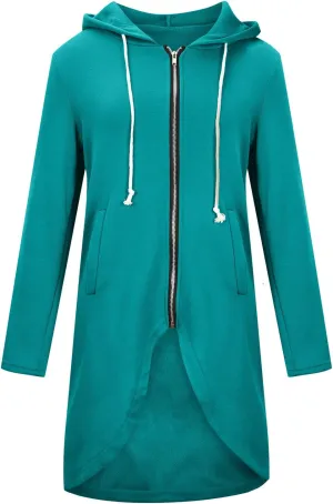 Womens Long Hoodies Long Sleeve Zip Up Solid Plain Hooded Pullover Drawstring Loose Fit Casual Fashion Fall Tops with Pocket