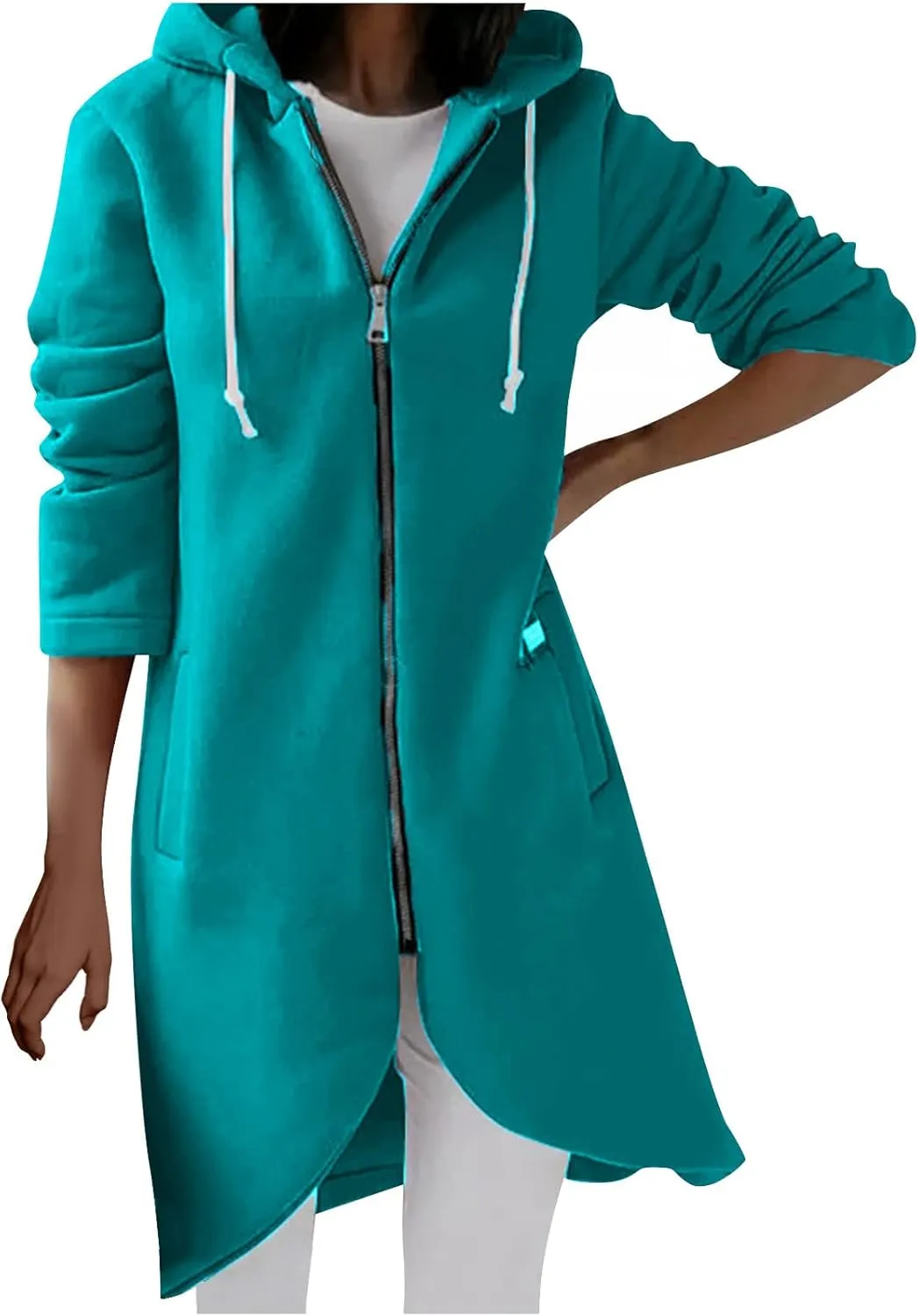 Womens Long Hoodies Long Sleeve Zip Up Solid Plain Hooded Pullover Drawstring Loose Fit Casual Fashion Fall Tops with Pocket