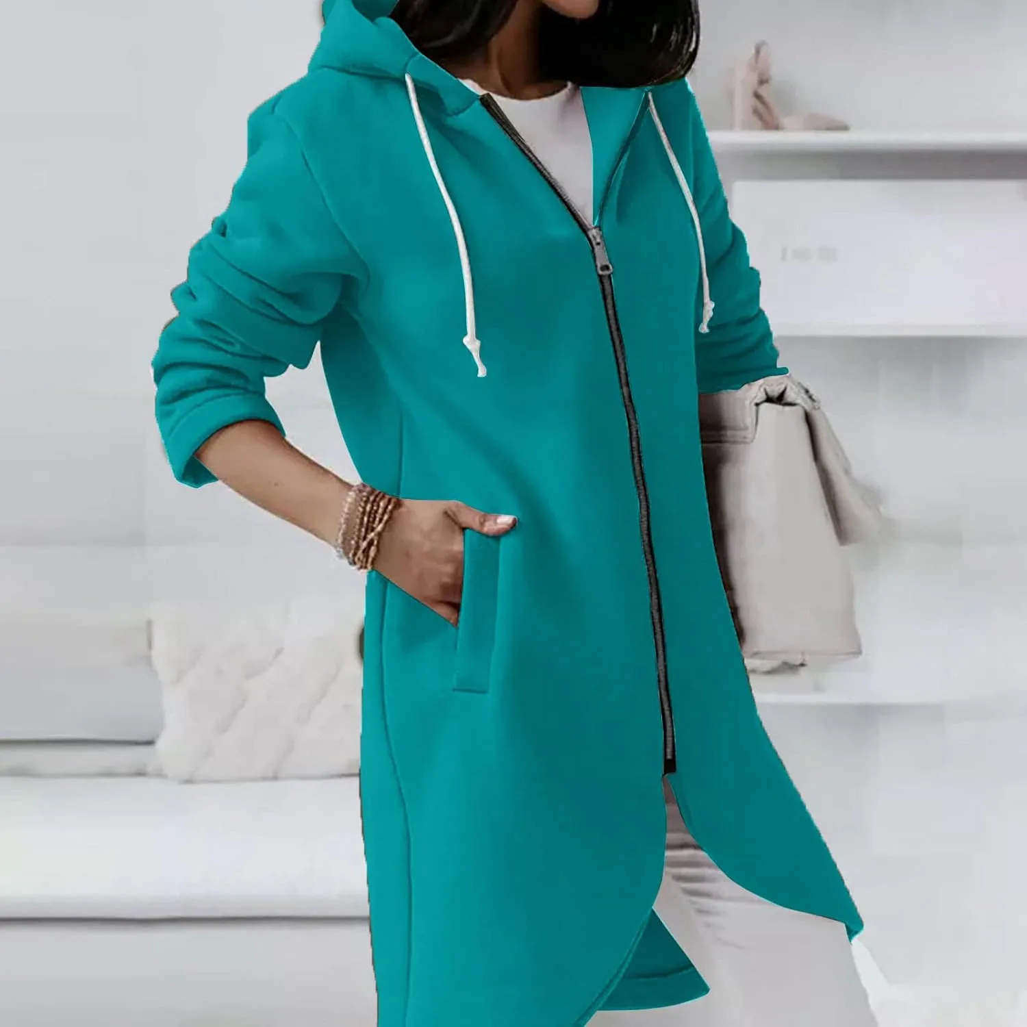 Womens Long Hoodies Long Sleeve Zip Up Solid Plain Hooded Pullover Drawstring Loose Fit Casual Fashion Fall Tops with Pocket