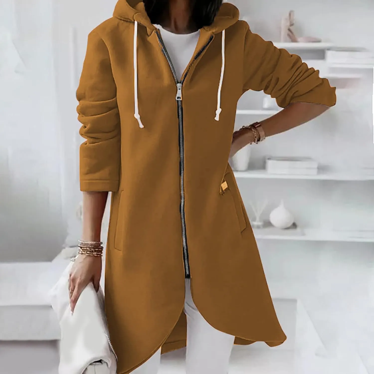 Womens Long Hoodies Long Sleeve Zip Up Solid Plain Hooded Pullover Drawstring Loose Fit Casual Fashion Fall Tops with Pocket
