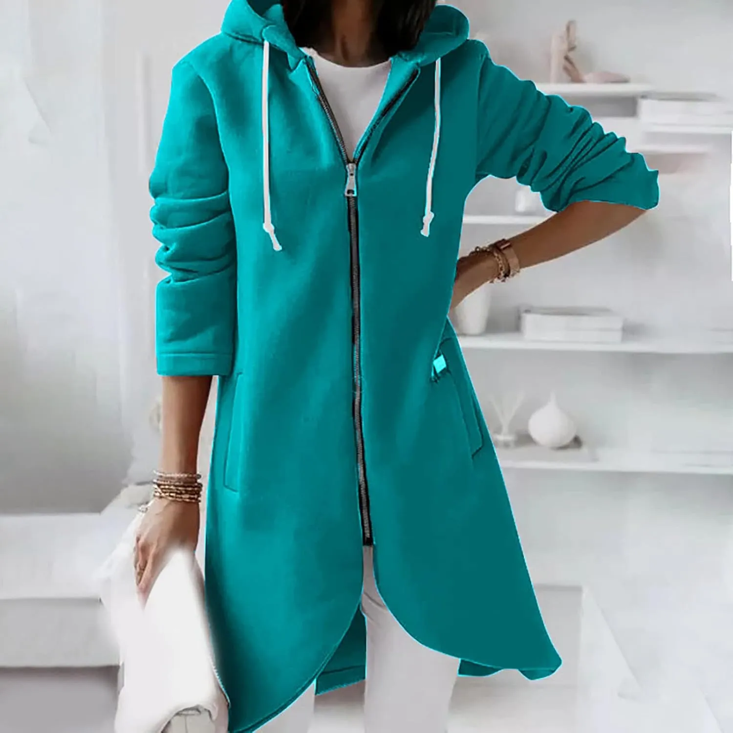 Womens Long Hoodies Long Sleeve Zip Up Solid Plain Hooded Pullover Drawstring Loose Fit Casual Fashion Fall Tops with Pocket